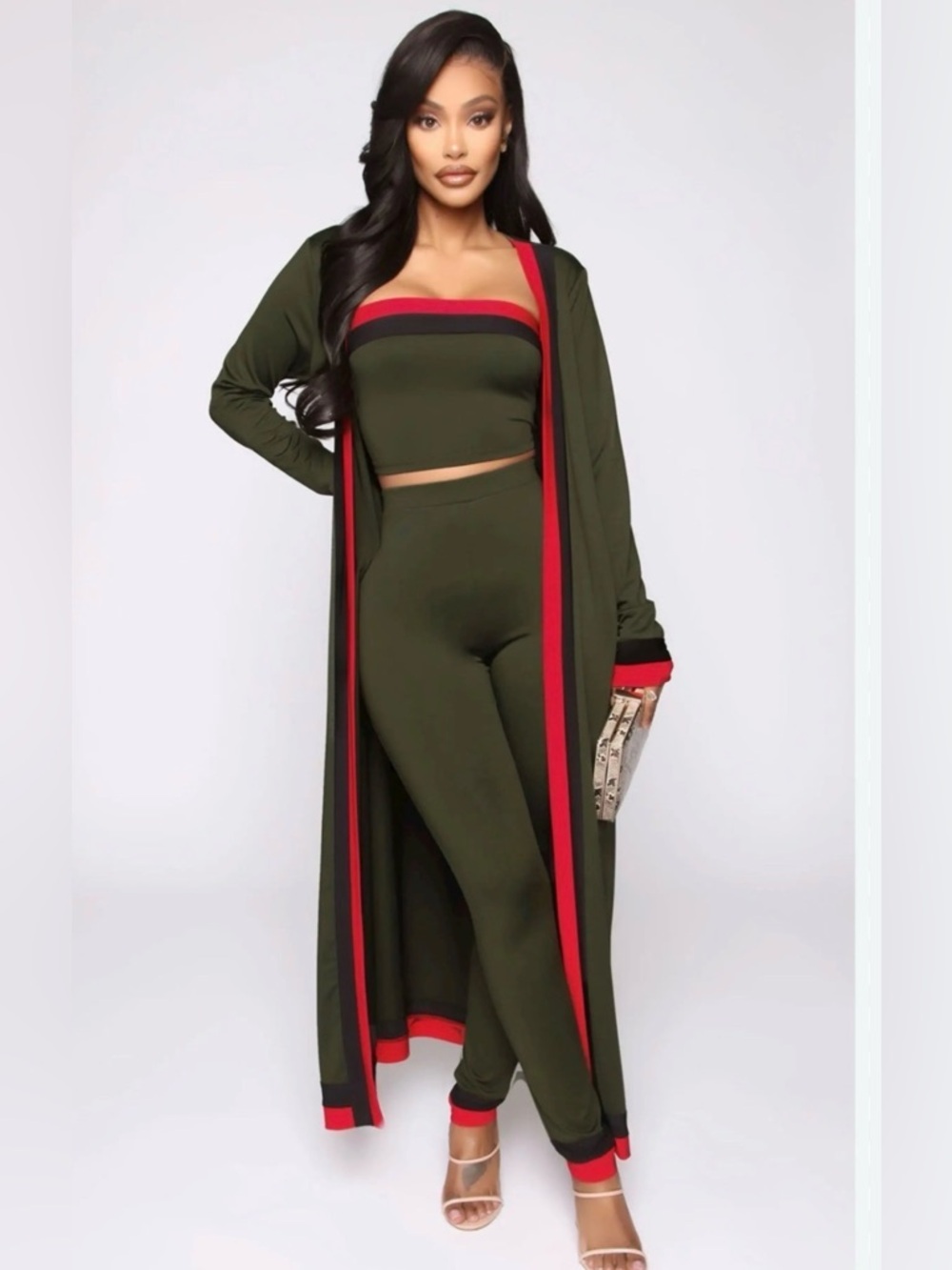 My way 3 pc Olive Green  Lounge Jumpsuit Set with Red Trim